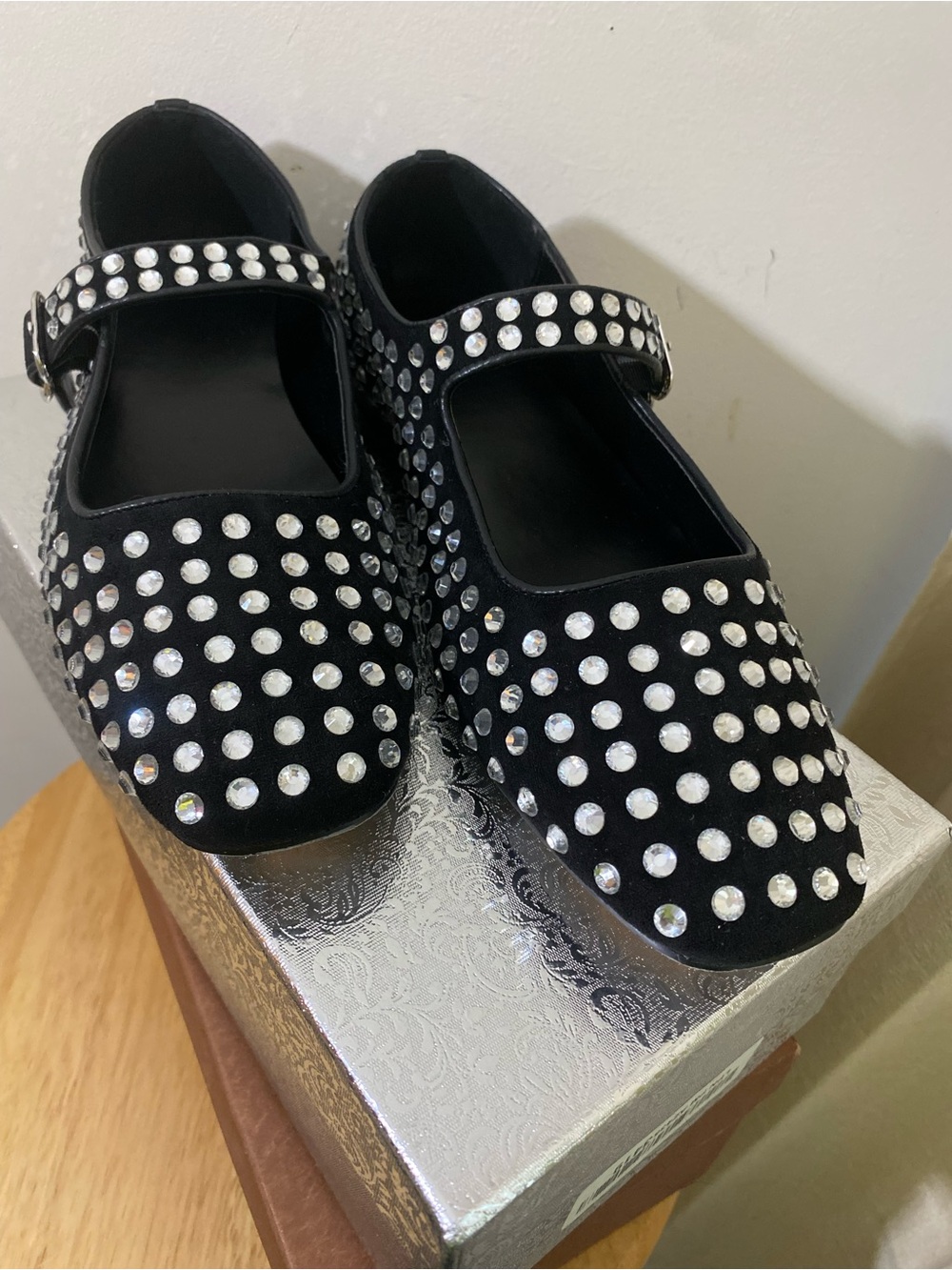 Black Mary Jane Flats with Clear Crystal Embellishments
